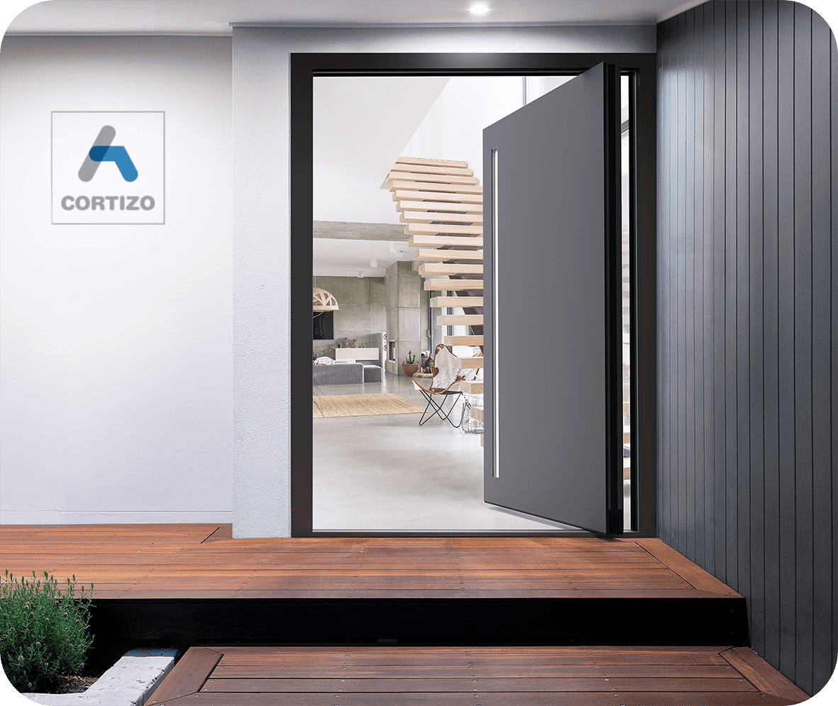 Porte d’entrée aluminium Cortizo pivot sur mesure